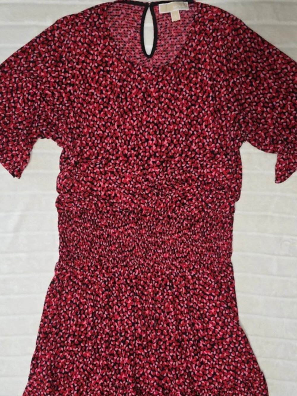 Michael Kors Red Pink Print Mini Dress Smocked Waist Size L
